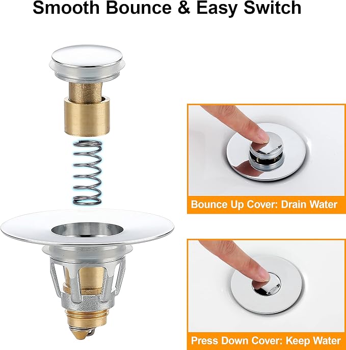 Bathroom Sink Stopper - for 1.25" Standard Drain Holes, Pop Up Sink Strainer, Bullet Core Push Type Stainless Steel Plug