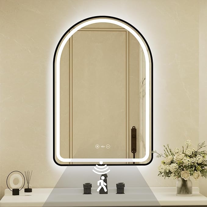 22x32 Inch Arched Black Framed LED Bathroom Mirror with Lights,Smart Bathroom Mirror,Motion Sensor,Tempered Glass,Anti-Fog,Stepless Dimmable & 3 Colors,Memory,Vanity Mirror for Wall