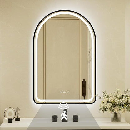 22x32 Inch Arched Black Framed LED Bathroom Mirror with Lights,Smart Bathroom Mirror,Motion Sensor,Tempered Glass,Anti-Fog,Stepless Dimmable & 3 Colors,Memory,Vanity Mirror for Wall
