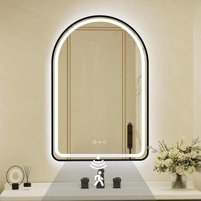 26x40 Inch Arched Black Framed LED Bathroom Mirror with Lights,Smart Bathroom Mirror,Motion Sensor,Tempered Glass,Anti-Fog,Stepless Dimmable & 3 Colors,Memory,Vanity Mirror for Wall