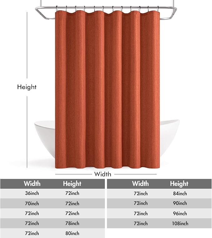 ANRODUO Burnt Orange Extra Long Linen Fabric Shower Curtain Set - W72xL96 | Farmhouse Shower Curtain with 12 Metal Hooks, Waterproof Heavy Duty, Button Hole Design, Machine Washable for Bathroom