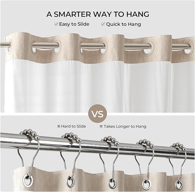River Dream Linen Textured No Hooks Shower Curtain with Liner,Linen,71x80 | Long,Mesh Top Window,with Snap-in Liner,Heavy Duty Fabric,Quick Dry,Bottom Magnets,Water-Repellent,Washable,Bathroom Set