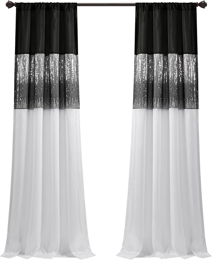 Lush Decor Night Sky Window Curtain Panel, Single 42"W x 84"L Black & White - Sequin Backdrop Curtain - Room Darkening Curtains For Bedroom - Glam Decor