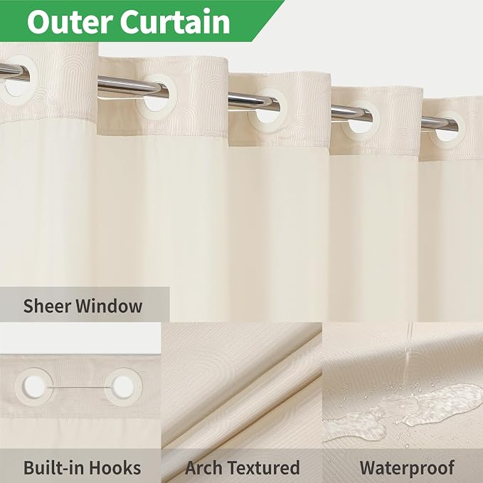 eachope No Hook Boho Arch Shower Curtain with Snap-in Liner Set,71x74,Cream | 230GSM Thick Fabric,Easy to Install,Sheer Window,Magnetic Weighted Hem,Waterproof & Machine Washable,for Bathroom,Hotel