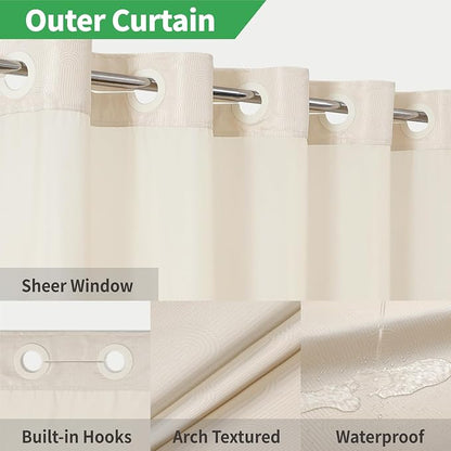 eachope No Hook Boho Arch Shower Curtain with Snap-in Liner Set,71x74,Cream | 230GSM Thick Fabric,Easy to Install,Sheer Window,Magnetic Weighted Hem,Waterproof & Machine Washable,for Bathroom,Hotel