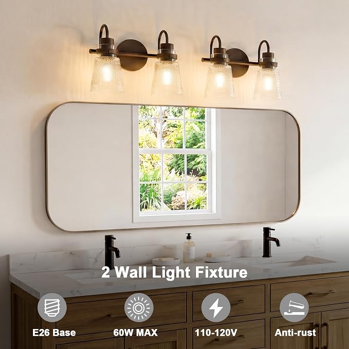 2-Light Bathroom Vanity Light, 13.8 Inch Farmhouse Bathroom Light Fixtures with Clear Striped Glass Shade, Oil Rubbed Bronze Wall Sconce Lighting Over Mirror for Bedroom Hallway Cabinet