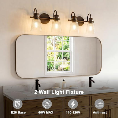 2-Light Bathroom Vanity Light, 13.8 Inch Farmhouse Bathroom Light Fixtures with Clear Striped Glass Shade, Oil Rubbed Bronze Wall Sconce Lighting Over Mirror for Bedroom Hallway Cabinet