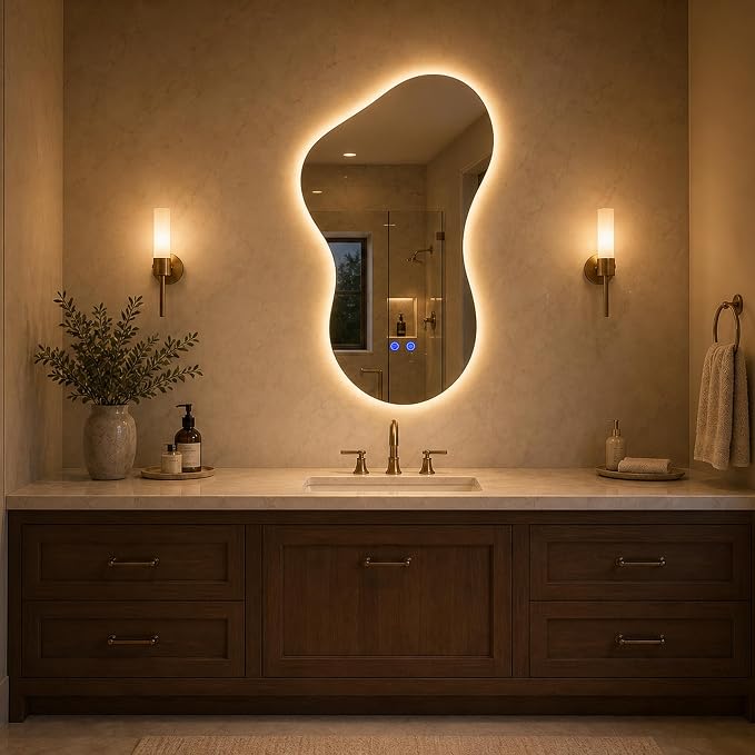 Irregular Led Bathroom Mirror with Lights 20x32 Inch, Backlit Asymmetrical Led Bathroom Mirror for Wall, Lighted Vanity Mirror with Lights, Anti-Fog, Dimmable 3 Colors, Shatter-Resistant