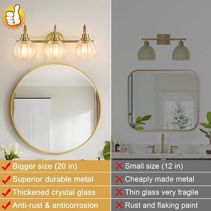 Bathroom Light Fixtures (3-Light, 20 Inch), Brushed Gold Vanity Lights for Bathroom with Ribbed Clear Tulip Glass Shade, Vintage Vanity Wall Lights for Mirror Bedroom Living Room Hallway