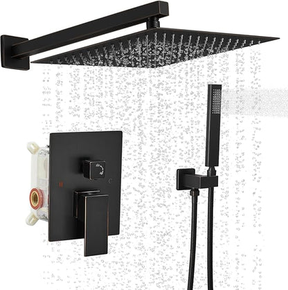 BWE Shower Faucet Oil Rubbed Bronze 12 Inch Square Bathroom Luxury Rain Mixer Shower Combo Set 2-Functions Wall Mounted Rainfall Shower Head System Rough-in Valve Body and Trim Included