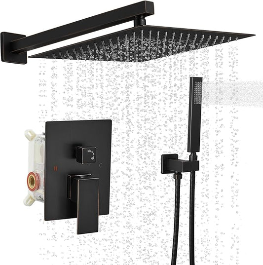 BWE Shower Faucet Oil Rubbed Bronze 12 Inch Square Bathroom Luxury Rain Mixer Shower Combo Set 2-Functions Wall Mounted Rainfall Shower Head System Rough-in Valve Body and Trim Included