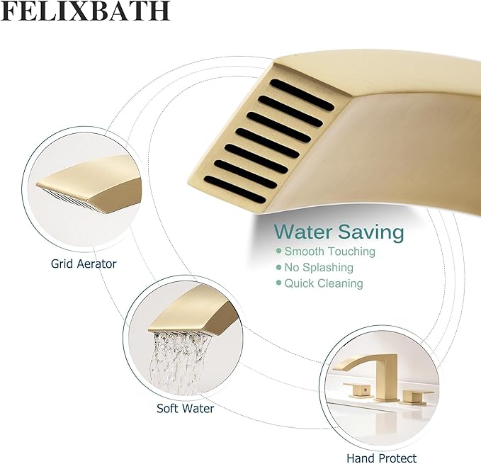 Brushed Gold Waterfall Bathroom Faucet 3 Holes - 8 inch Bathroom Sink Faucet 2 Handles - Stainless Steel Widespread Bathroom Vanity Faucet with Pop Up Drain & 2 Water Supply Lines
