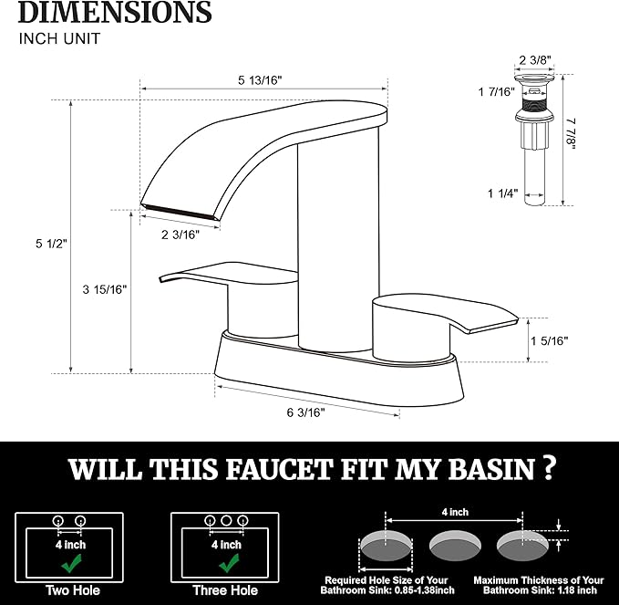 Ultimate Unicorn Black Waterfall Bathroom Faucet, 4 Inch Bathroom Sink Faucet for 3 Hole or 2 Hole, Anti-Splash Design Sink Faucets with Pop Up Drain, Easy Install for Vanity, RV, Lavatory