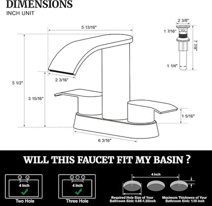 Ultimate Unicorn Black Waterfall Bathroom Faucet, 4 Inch Bathroom Sink Faucet for 3 Hole or 2 Hole, Anti-Splash Design Sink Faucets with Pop Up Drain, Easy Install for Vanity, RV, Lavatory