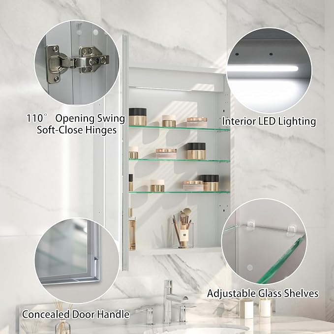 LED Bathroom Medicine Cabinet with Mirror, 24"x30" Anti-Fog Smart Mirror Cabinet, UPVC Waterproof Vanity Cabinet Recessed/Surface, Adjustable Shelves, 3-Color Dimmable, Motion Sensor, DTC Left Hinges