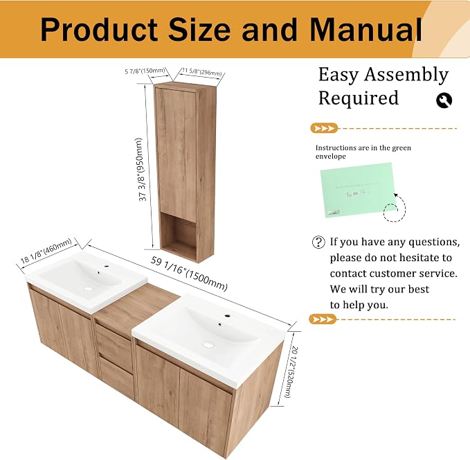 60'' Floating Bathroom Vanity with Double Sink, and 1 Side Cabinet, Brown | Double Sink Combo with 12" Side Cabinet, Plywood Cabinet, Resin Basin, Ample Storage, Soft-close Hinge, Assembly Required