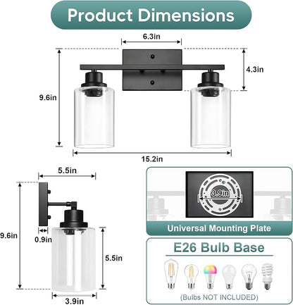 Ascher Bathroom Light Fixtures, 2-Light Vanity Light Over Mirror, Matte Black Wall Sconces with Clear Glass Shades, Wall Lamp for Living Room Bedroom, E26 Base(Bulbs Not Included)