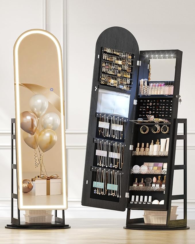 LVSOMT LED Arched Mirror Jewelry Cabinet Standing, Lockable Jewelry Armoire | 360° Swivel Full-Length Mirror with Storage, Large Jewelry Organizer Mirror, Foldable Makeup Shelf, Gift for Women, BlackWood