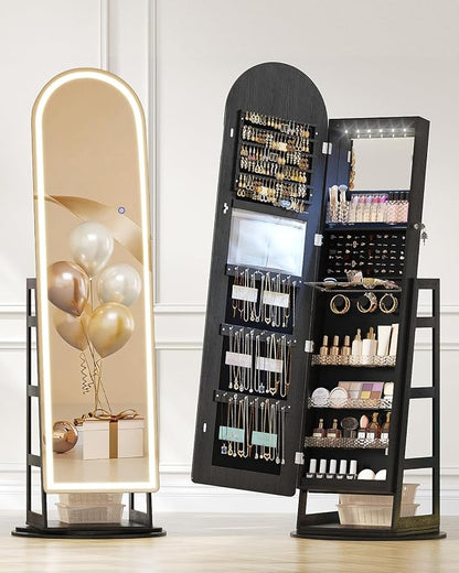 LVSOMT LED Arched Mirror Jewelry Cabinet Standing, Lockable Jewelry Armoire | 360° Swivel Full-Length Mirror with Storage, Large Jewelry Organizer Mirror, Foldable Makeup Shelf, Gift for Women, BlackWood