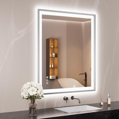 30x36 Inch Silver Frame LED Mirror for Bathroom | Silver Metal Frame, Front and Backlit, 3 Colors, Dimmable, Memory, Anti Fog, Tempered Glass, Lighted Mirror for Wall