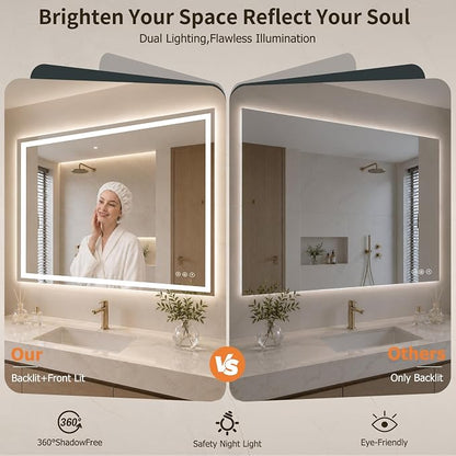 28"x48" LED Bathroom Mirror with Lights, Anti-Fog, Backlit+Frontlit | CRI 95, Stepless Dimmable, 3 Colors Lighting, Shatterproof Tempered Glass, HD Reflection, Memory, (Horizontal/Vertical)