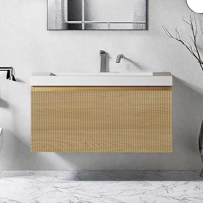 Wall Mounted Bathroom Sink Vanity, Modern 30" Floating Vanity with Resin Top Basin Sink and U-Shaped Soft-Close Storage Drawer, Striped Bathroom Storage Cabinet with Invisible Handle, Wood