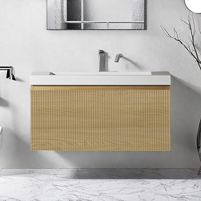 Wall Mounted Bathroom Sink Vanity, Modern 30" Floating Vanity with Resin Top Basin Sink and U-Shaped Soft-Close Storage Drawer, Striped Bathroom Storage Cabinet with Invisible Handle, Wood