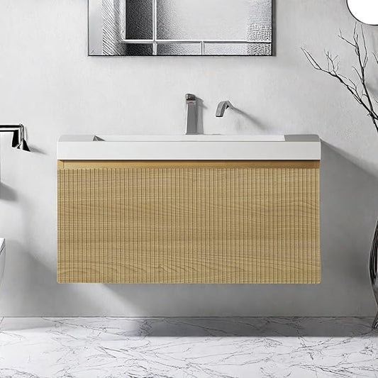 Wall Mounted Bathroom Sink Vanity, Modern 30" Floating Vanity with Resin Top Basin Sink and U-Shaped Soft-Close Storage Drawer, Striped Bathroom Storage Cabinet with Invisible Handle, Wood