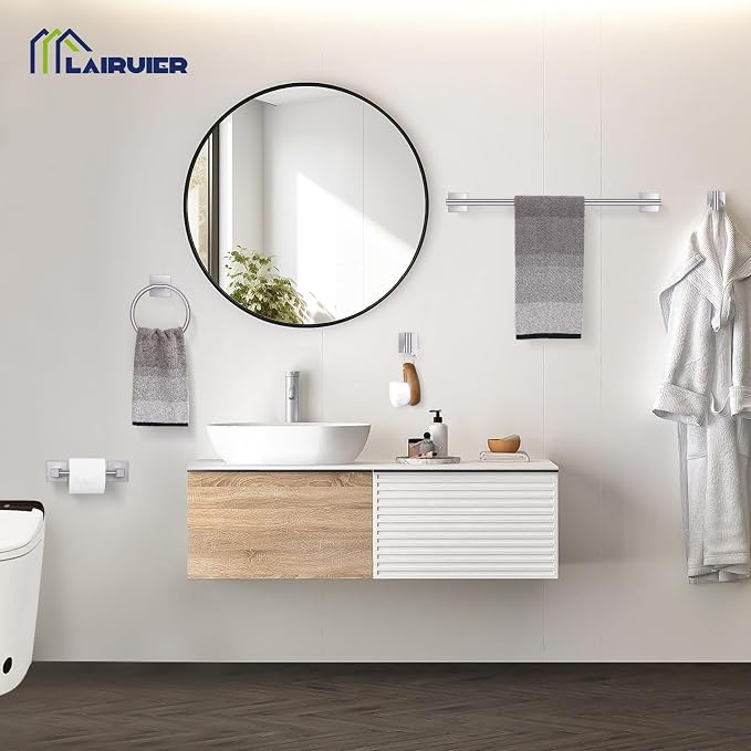 Lairuier Brushed Nickel Bathroom Accessories, Towel Bar Set Wall Mounted | 5 Pieces Bathroom Hardware Set, SUS304 Stainless Steel Double Base 23.6" Towel Bar, Towel Ring, Toilet Paper Holder & Hooks