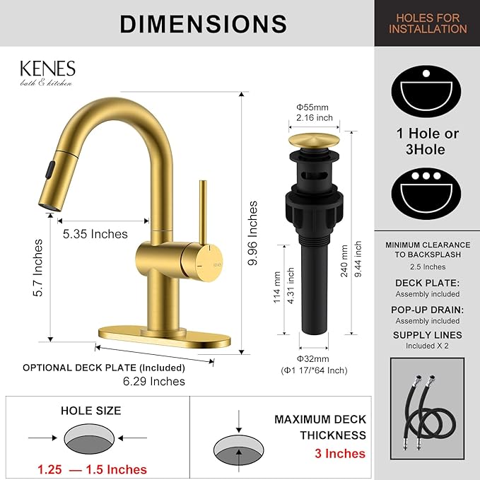 KENES Brushed Gold Single Handle Bathroom Faucet with Pull Out Sprayer, Pull Down Bathroom Sink Faucet with Sprayer, Vanity Bar Faucet with Pop Up Drain & Deck Plate, KE-9065B-4