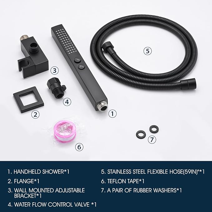 All-Metal High Pressure Square Handheld Shower Head with Jet Spray and Rainfall Modes, Volume Control Regulator, ON/OFF Switch, Hose and Wall Mounted Adjustable Bracket (Matt Black)