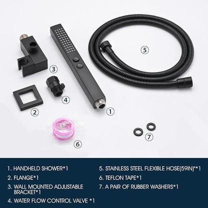 All-Metal High Pressure Square Handheld Shower Head with Jet Spray and Rainfall Modes, Volume Control Regulator, ON/OFF Switch, Hose and Wall Mounted Adjustable Bracket (Matt Black)