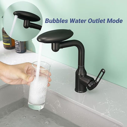 Bathroom Sink Faucet 1 Hole, Matte Black Multifunctional Basin Faucet with 4 Water Outlet Modes, Modern 360°Rotatable Bar Tap with Two Water Supply Pipes