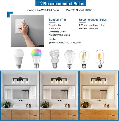 4 Light Bathroom Vanity Light, Matte Black Bathroom Light Fixtures with Clear Glass Shade, 4-Light Vanity Lights, Black Lighting Fixtures for Bath Mirror Bedroom Living Room Hallway Porch