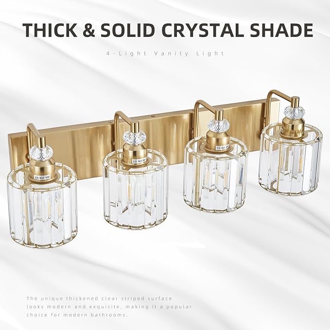 4-Light Modern Vanity Lights Brushed Brass Bathroom Light Fixtures Over Mirror Gold Bathroom Vanity Lighting with Crystal Shade E26 Base Wall Sconce for Bedroom Living Room Restroom Wall Lamp