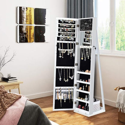 CHARMAID Standing Jewelry Armoire with Tall Full Length Mirror, 2-in-1 Lockable Jewelry Cabinet Organizer with Large Storage Capacity, Inside Makeup Mirror, Stable Base, Easy Assembly (White)