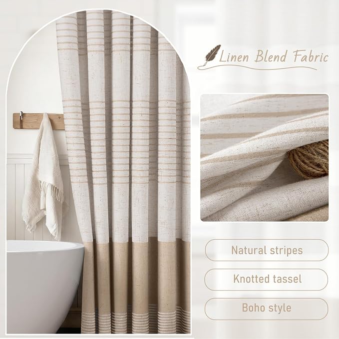 Beige Boho Linen Striped Shower Curtain with Tassel 72" W X 72" L | Boho Farmhouse Shower Curtains with Linen Texture for Bathroom Decor