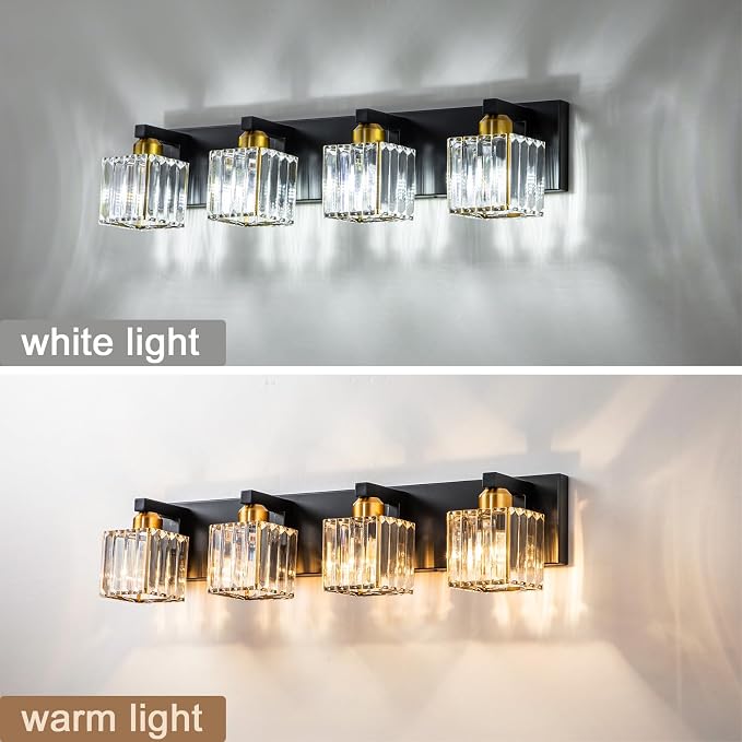 Crystal Black Gold Bathroom Vanity Light, 4-Lights Bathroom Lighting Fixtures Over Mirror Modern Crystal Wall Lighting with Square Shade