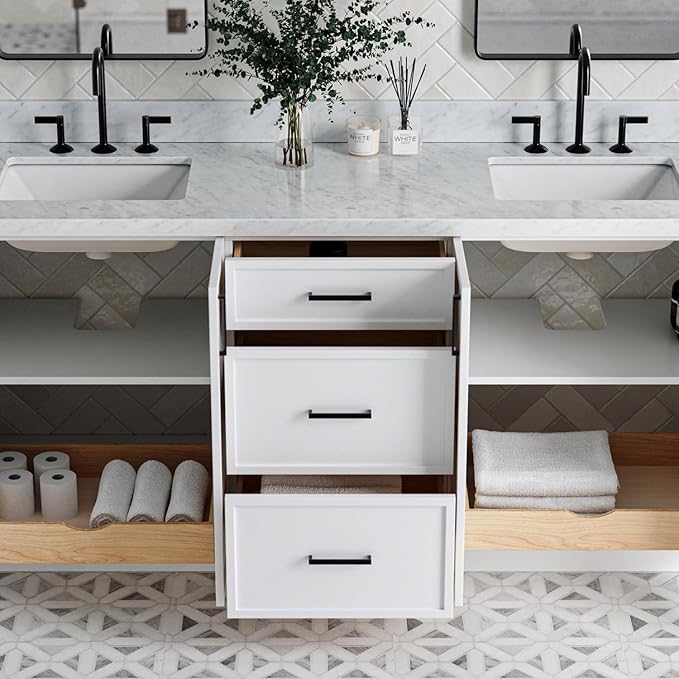 ARIEL Kelly 72-inch Bathroom Vanity with Sink,Solid Wood, 1.5-inch Italian Carrara Marble Countertop & Backsplash, Double Rectangular Porcelain Sink, 4 Soft Closing Doors, 5 Dovetail Drawers, White