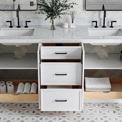 ARIEL Kelly 72-inch Bathroom Vanity with Sink,Solid Wood, 1.5-inch Italian Carrara Marble Countertop & Backsplash, Double Rectangular Porcelain Sink, 4 Soft Closing Doors, 5 Dovetail Drawers, White