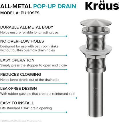 KRAUS Bathroom Sink Pop-Up Drain Assembly in Matte Black for Vessel Sinks and Sinks without Overflow, with Extended Thread for Thicker Countertops, PU-L10MB