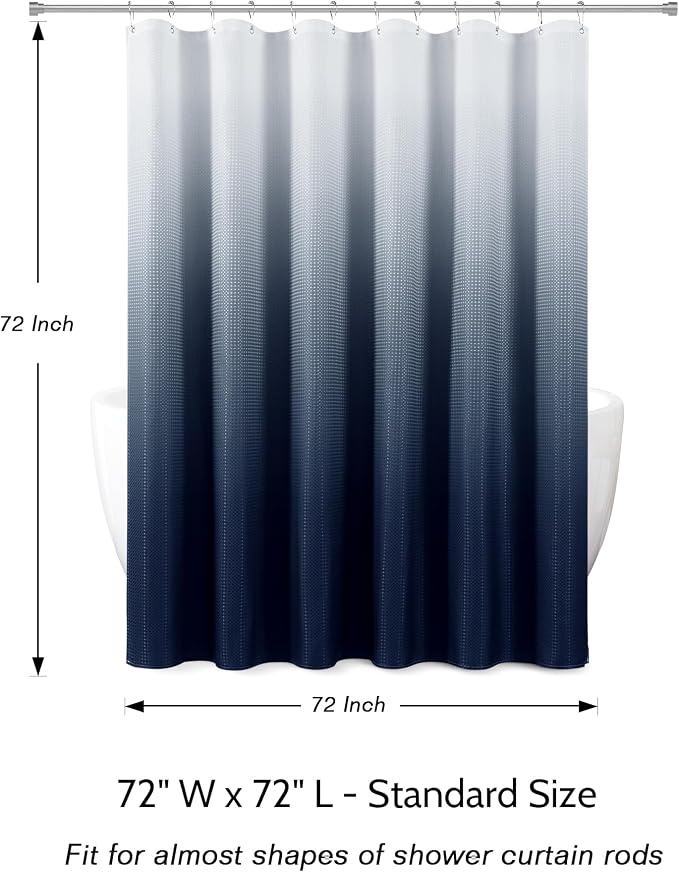 Shower Curtain 72 inches Long 6FT for Bathroom 1 Panel Navy Blue | Ombre Waffle, Shower Curtains with Hook, Water Repellent, Boho Farmhouse, Simple Modern Bath Decor, 72x72