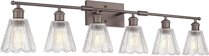 HWH Farmhouse Vanity Light Fixture, Rustic Bathroom Light Fixtures for Bedroom, 6-Light Wall Sconces Lights with Clear Floral Glass, Oil-Rubbed Bronze Finish, 5HJX110B-6W ORB