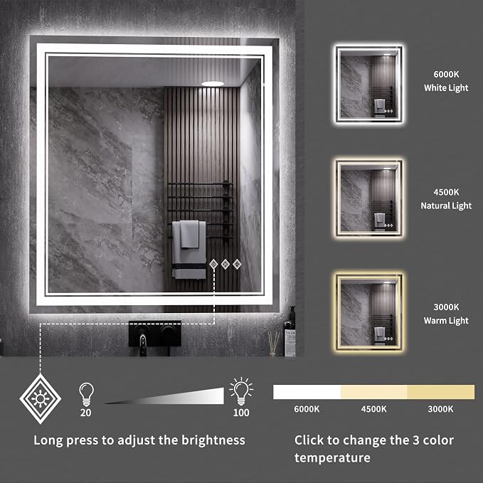 LED Bathroom Mirror, 28x32 Inch Gradient Front and Backlit LED Vanity Mirror, 3 Colors Dimmable CRI>90 Double Lights, IP54 Enhanced Anti-Fog, Hanging Plates Wall Mount Backlit Mirror