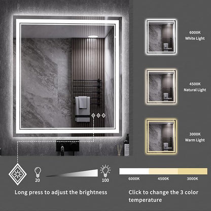 LED Bathroom Mirror, 28x32 Inch Gradient Front and Backlit LED Vanity Mirror, 3 Colors Dimmable CRI>90 Double Lights, IP54 Enhanced Anti-Fog, Hanging Plates Wall Mount Backlit Mirror