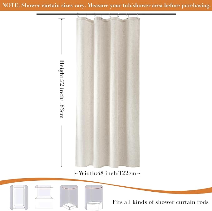 Linen Shower Curtain for Bathroom 48x72 Inch 1 Panel Cream Beige | Small Shower Curtains with Hook for Camper RV Narrow Singel, Neutral Rustic Boho Farmhouse, Simple Shower Decor,Natural Ivory