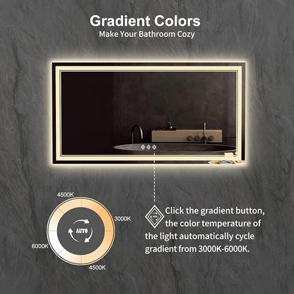 LED Bathroom Mirror, 60x32 Inch Gradient Front and Backlit Bathroom Mirror, 3 Colors Dimmable CRI>90 Double Lights, IP54 Enhanced Anti-Fog, Hanging Plates Wall Mount Lighted Mirror