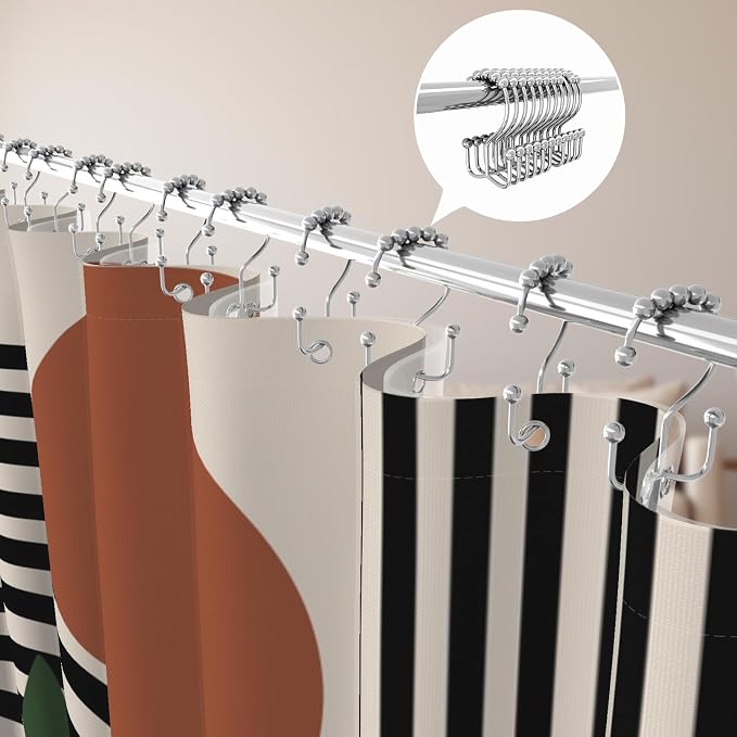 3 in 1 Shower Curtain Set, Mid Century Modern Boho, Brown | Polyester Bath Curtain with Magnetic PEVA Liner and 12 Double Sided Stainless Steel Hooks, 72x72 Inches