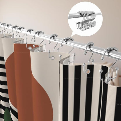 3 in 1 Shower Curtain Set, Mid Century Modern Boho, Brown | Polyester Bath Curtain with Magnetic PEVA Liner and 12 Double Sided Stainless Steel Hooks, 72x72 Inches