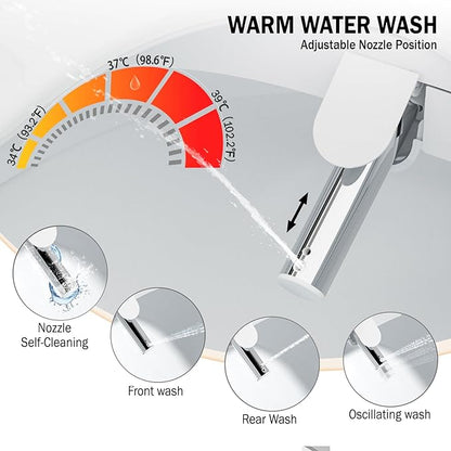Electric Smart Bidet Toilet Seat, Warm Water and Adjustable Pressure, Elongated Heated Toilet Seat and Warm Air Drying, Slow Close Lid,Night Light,Wireless Remote,White (Elongated)